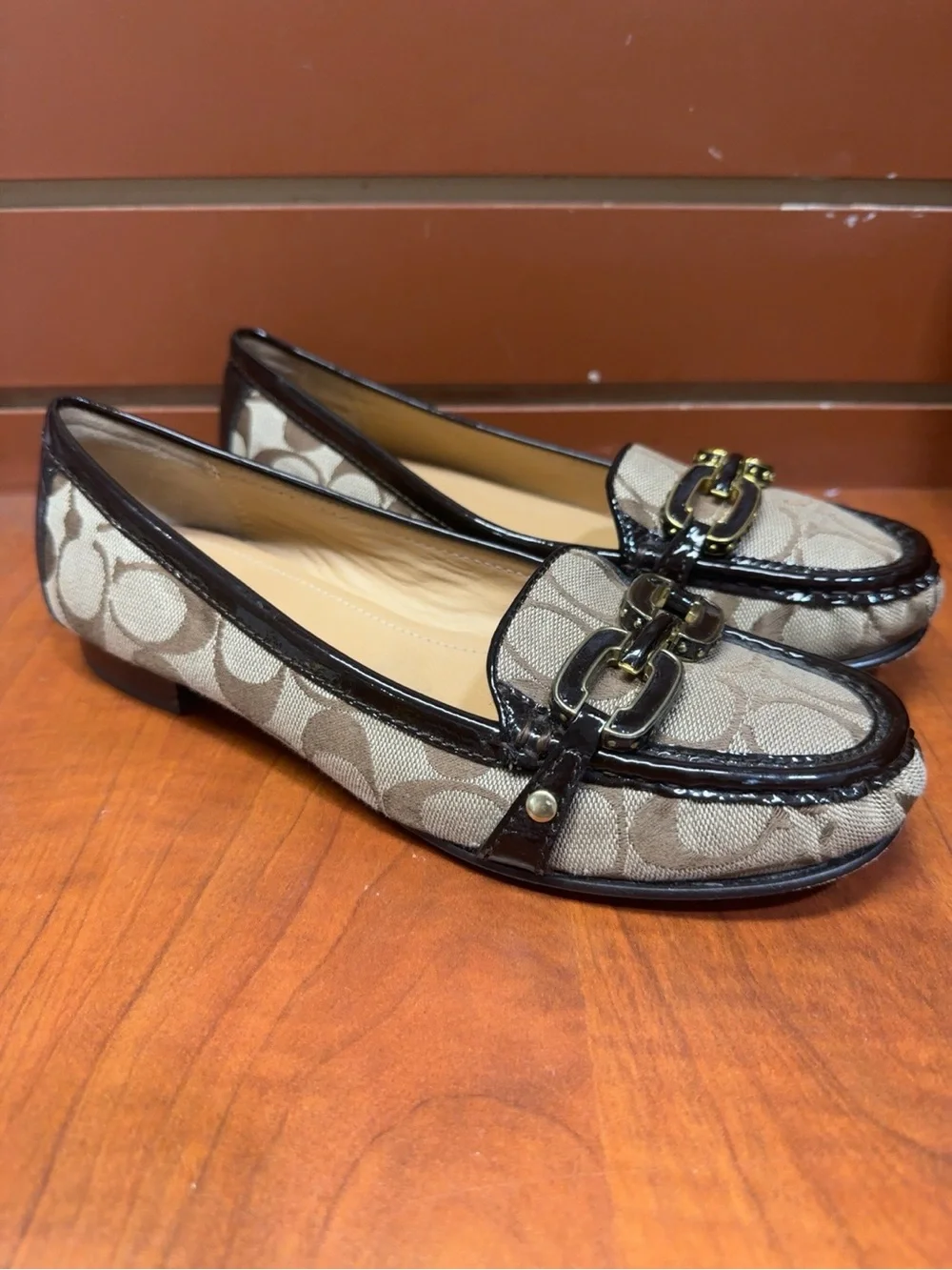Coach Signature Canvas Chain-Link Loafers in Beige and Brown